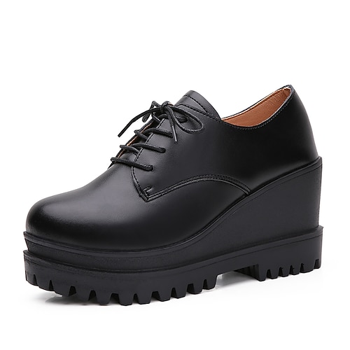 

Women's Oxfords Work Daily Flat Heel Round Toe Leather Lace-up Solid Colored Black
