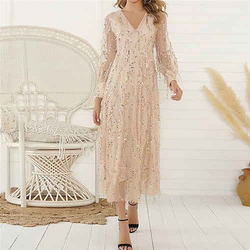 

Women's Party Dress Fringe Dress Sequin Dress Long Dress Maxi Dress Beige Long Sleeve Pure Color Mesh Winter Fall Autumn V Neck Winter Dress Fall Dress 2022 S M L XL XXL