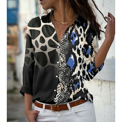 

Women's Blouse Shirt Black Graphic Color Gradient Button Print Long Sleeve Daily Weekend Streetwear Casual Shirt Collar Regular S