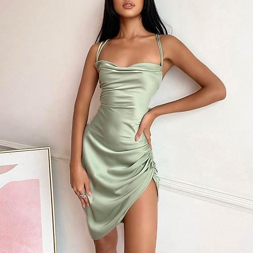 

Sheath / Column Sexy bodycon Holiday Party Wear Dress Spaghetti Strap Crisscross Back Sleeveless Short / Mini Spandex with Sleek Pleats Slit 2022