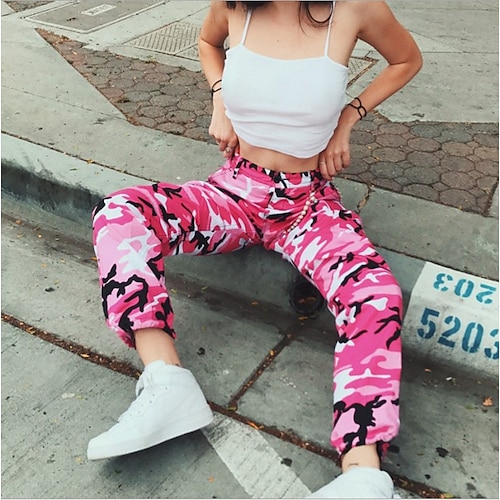 

Women's Basic Hip-Hop Jogger Tactical Cargo Side Pockets Full Length Pants Leisure Sports Weekend Micro-elastic Camouflage Breathable Mid Waist Slim Blue Gray Purple Pink Wine S M L XL XXL