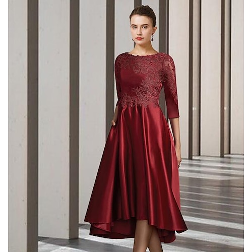 

A-Line Mother of the Bride Dress Elegant Jewel Neck Tea Length Charmeuse Half Sleeve with Pleats Appliques 2022