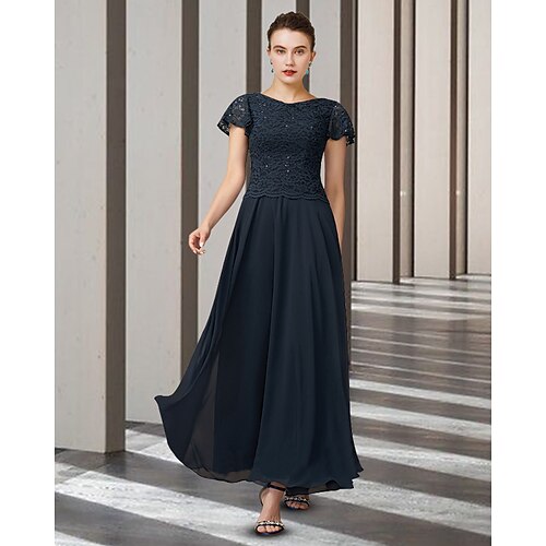 

A-Line Mother of the Bride Dress Elegant Jewel Neck Ankle Length Chiffon Lace Short Sleeve with Pleats Appliques 2022