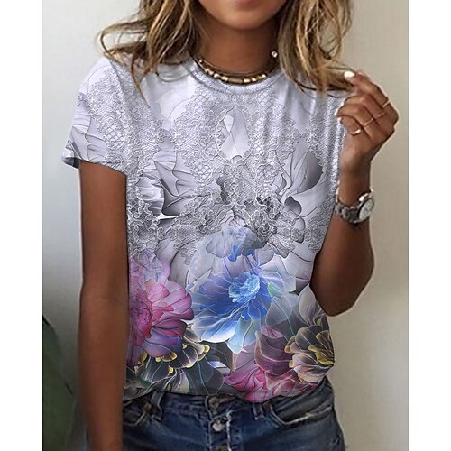

Women's T shirt Tee Gray Graphic Floral Print Short Sleeve Daily Weekend Basic Vintage Round Neck Regular Floral Painting S