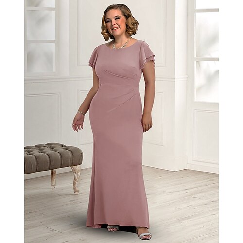 

Sheath / Column Mother of the Bride Dress Plus Size Elegant Jewel Neck Sweep / Brush Train Chiffon Short Sleeve with Ruched 2022