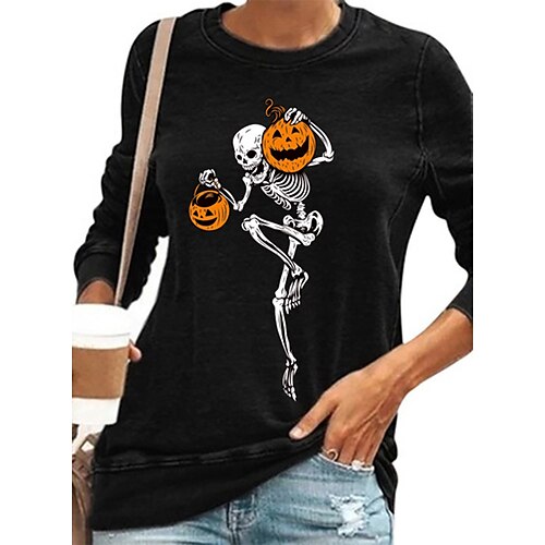 

Women's T shirt Tee Green Blue Wine Skull Pumpkin Print Long Sleeve Halloween Weekend Basic Halloween Round Neck Regular Painting S