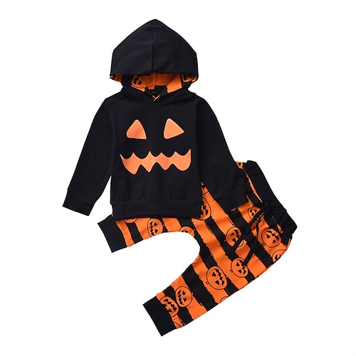 

2 Pieces Kids Boys Halloween Hoodie & Pants Clothing Set Outfit Ghost Abstract Long Sleeve Cotton Set Street Cool Street Style Winter Fall 2-6 Years Black