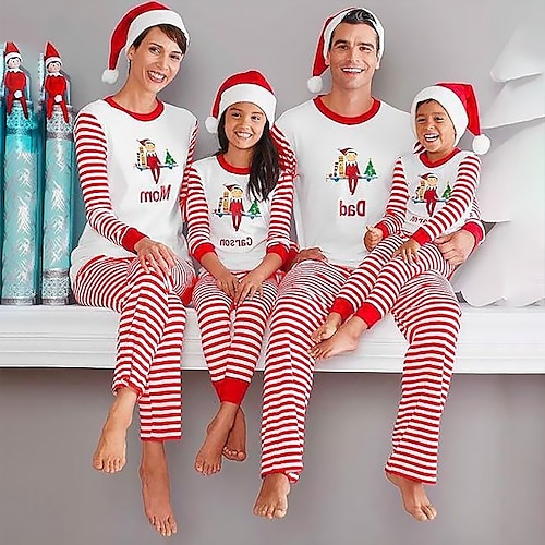 

Christmas Pajamas Ugly Family Tops Bottom Set Striped Elf Letter Print Winter Pajamas Mommy and Me Home Party Red Long Sleeve Mom Dad and Me Matching Outfits