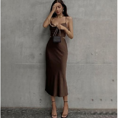 

Women's Party Dress Satin Dress Sheath Dress Midi Dress Green Purple Red Sleeveless Pure Color Lace up Spring Summer Party Christmas S M L