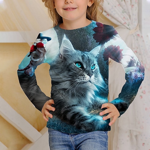 

Bambino Da ragazza maglietta Manica lunga Stampa 3D Gatto Grigio Bambini Top Autunno Attivo Standard 4-12 anni