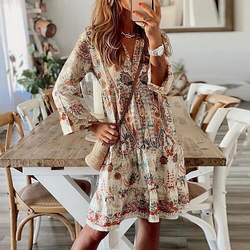 

Women's A Line Dress Short Mini Dress Khaki Long Sleeve Floral Ruched Print Fall Spring V Neck Casual Vacation Boho Flare Cuff Sleeve 2022 S M L XL XXL 3XL