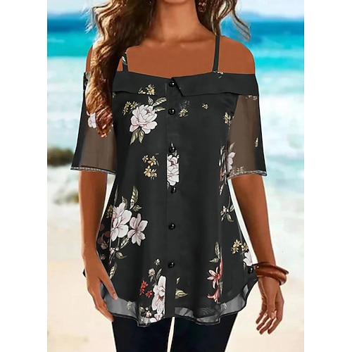 

Women's Blouse Shirt Black Floral Button Print Short Sleeve Daily Holiday Streetwear Casual Off Shoulder Long Floral S / 3D Print