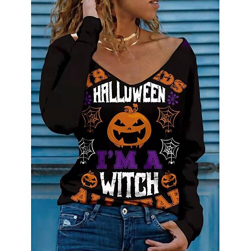 

Women's T shirt Tee Pumpkin Halloween Casual Weekend T shirt Tee Long Sleeve Patchwork Print V Neck Basic Black Blue Purple S