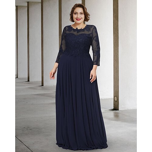 

A-Line Mother of the Bride Dress Plus Size Elegant Jewel Neck Floor Length Chiffon Lace Long Sleeve with Appliques 2022