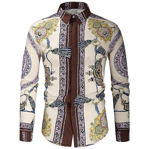 

Men's Shirt Geometric Chains Print Classic Collar Party Casual Print Long Sleeve Tops Ethnic Style Casual Khaki