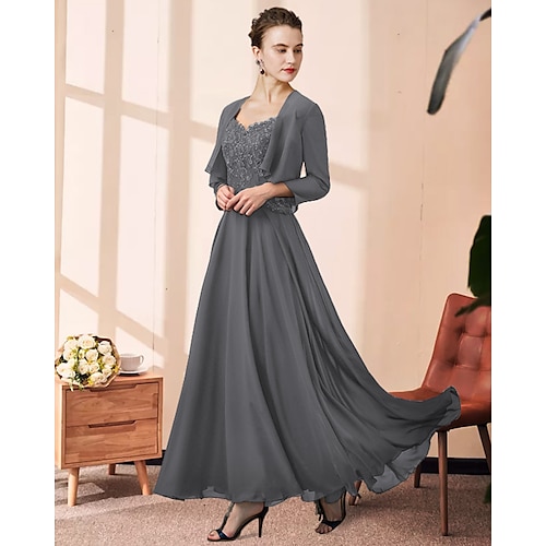 

Two Piece A-Line Mother of the Bride Dress Elegant V Neck Ankle Length Chiffon Lace Sleeveless with Pleats Appliques 2022