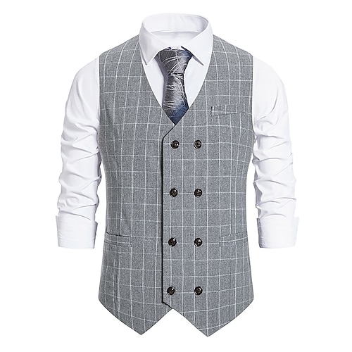 

Men's Casual Vest Plaid Regular Fit V Neck Double Breasted More-button Black Dark Navy Grey 2022