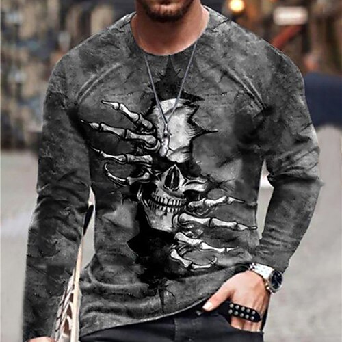 

Homme Unisexe T shirt Tee Chemise Tee Crânes Imprimés Photos Col Ras du Cou Gris 3D effet du quotidien Vacances Manches Longues Imprimer Vêtement Tenue Design Casual Grand et grand