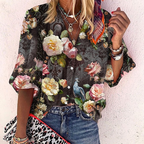 

Women's Blouse Shirt Blue Yellow Gray Floral 3D Button Print Long Sleeve Holiday Weekend Basic Casual Standing Collar Regular Floral 3D Printed S