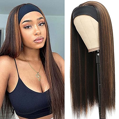 

Highlights Headband Wig for Women, Black Mixed Brown Straight Headband Wigs, Premium Synthetic Headband Wig Glueless None Lace for Daily Use(22 inch 1B/30#)