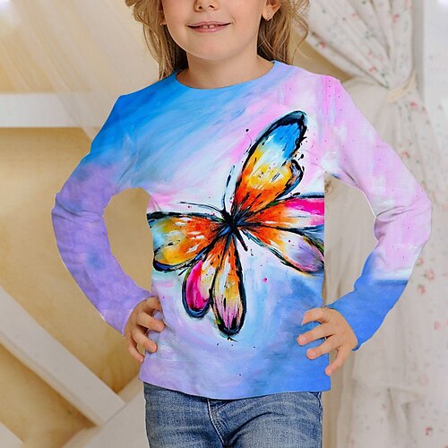 

Kids Girls' T shirt Butterfly 3D Print Long Sleeve Active 4-12 Years Fall Blue