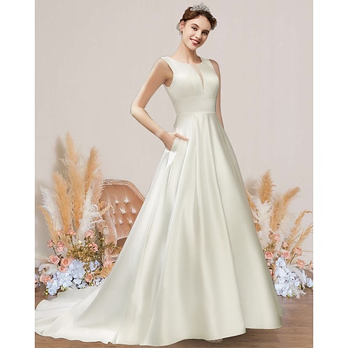 

A-Line Wedding Dresses Jewel Neck Court Train Satin Short Sleeve Formal Simple with Pleats 2022