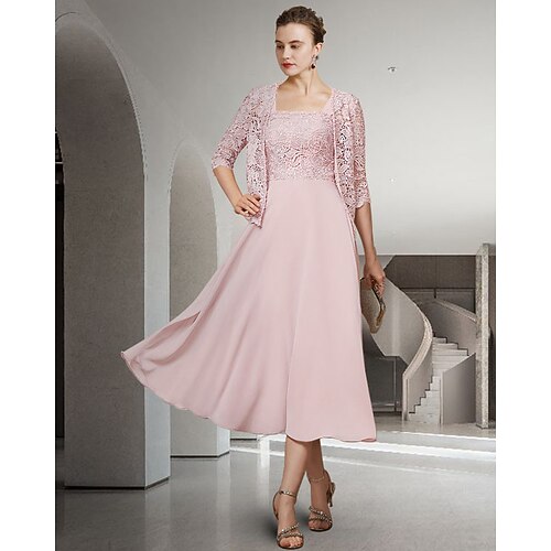 

Two Piece A-Line Mother of the Bride Dress Elegant Jewel Neck Tea Length Chiffon Lace Sleeveless Wrap Included with Appliques 2022