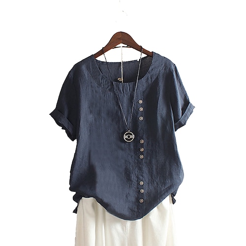  Camicia da donna patchwork casual quotidiana weekend a tinta unita casual in lino a maniche corte colletto rotondo bianca estate primavera