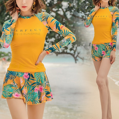 

Women's Rash Guard Rash guard Swimsuit UV Sun Protection UPF50 Breathable Long Sleeve Swimwear Bathing Suit 3-Piece Removable Pad Swimming Diving Surfing Beach Floral Autumn / Fall Spring Summer