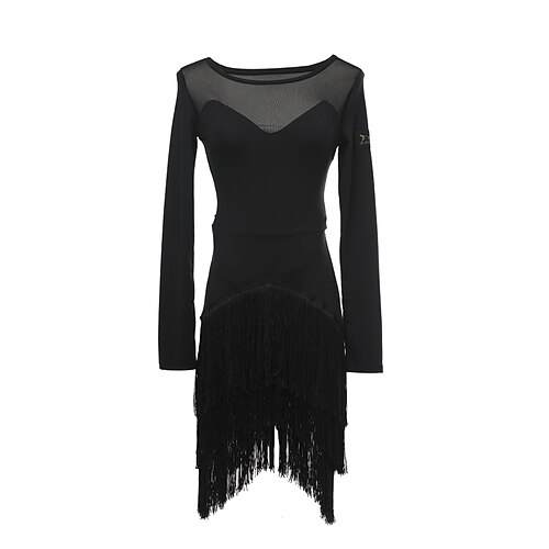 

Latin Dance Dress Tassel Tulle Women's Training Performance Long Sleeve Natural Milk Fiber