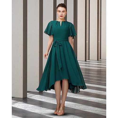 

A-Line Mother of the Bride Dress Elegant Jewel Neck Asymmetrical Tea Length Chiffon Short Sleeve with Sash / Ribbon Pleats 2022