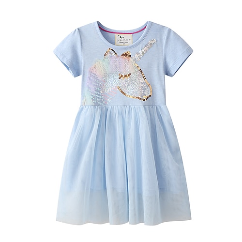 

Kinder Wenig Mädchen Kleid Einhorn T Shirt Kleid Patchwork Druck Blau Baumwolle Midi Kurzarm Freizeit Kleider Herbst Sommer Normale Passform 2-6 Jahre