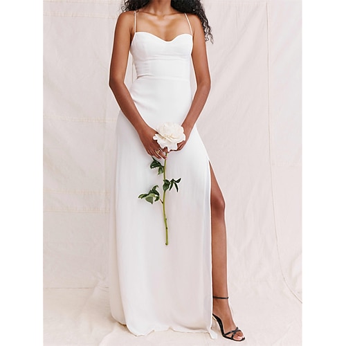 

Sheath / Column Wedding Dresses Sweetheart Neckline Spaghetti Strap Floor Length Chiffon Sleeveless Simple Sexy with Split Front 2022