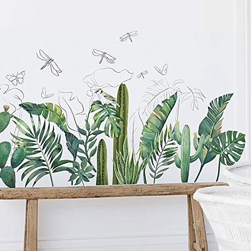 

plants wall stickers for living room, tropical wall decals leaf cactus dragonfly wall decor posters vinyl green leaves wallpaper for bedroom office nursery