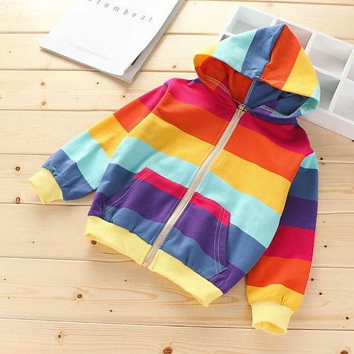 

Kids Girls' Coat Outerwear Rainbow Long Sleeve Zipper Coat Cotton Active Basic Colorblock Blue Yellow Fall 3-8 Years