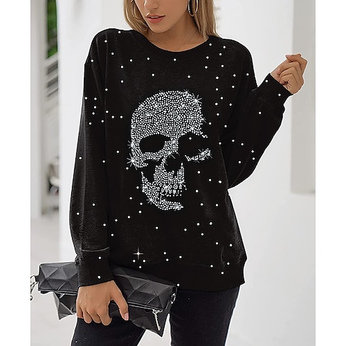 

Women's Sweatshirt Pullover Active Sequin Black Skull Graphic Prints Skeleton Daily Round Neck Long Sleeve S M L XL XXL 3XL