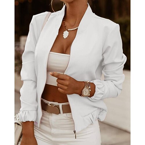

Women's Jacket Casual Jacket Daily Going out Fall Winter Regular Coat Stand Collar Regular Fit Breathable Cute Jacket Long Sleeve Plain Print White Black Pink