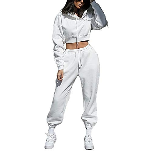 

women's 2 piece tracksuit sets long sleeve crop top sweatshirt hoodies drawstring jogger sweatpants sportwear outfits (a-white, s)