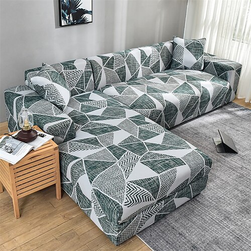 

Stretch Sofa Cover Slipcover Elastic Sectional Couch Armchair Loveseat 4 or 3 seater L shape Geometric Gray Printed Pattern Soft Durable Washable