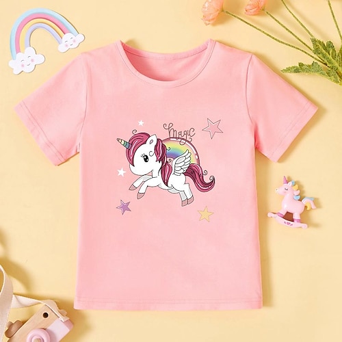 

Kids Girls' T shirt Short Sleeve Hot Stamping Cartoon Unicorn Letter Red Cotton Children Tops Summer Basic Cute Outdoor Regular Fit 2-8 Years