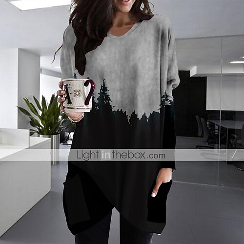 

Women's T Shirt Dress Tee Dress Blue Gray Long Sleeve Print Fall Spring V Neck Winter Dress Fall Dress Loose Fit S M L XL XXL 3XL