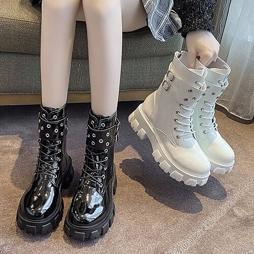 

Mujer Botas Botas góticas Botines Botines Tacón Plano Dedo redondo PU Mocasín Color sólido Negro Blanco