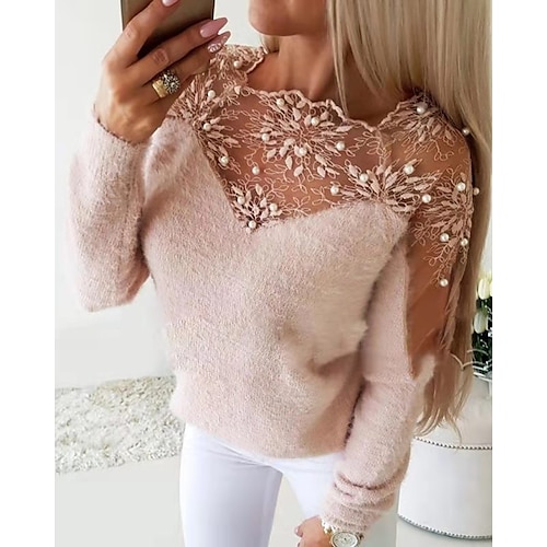 

Women's Pullover Sweater jumper Jumper Knit Patchwork Solid Color Crew Neck Casual Sexy Party Date Drop Shoulder Winter Fall Pink White S M L / Long Sleeve / Regular Fit