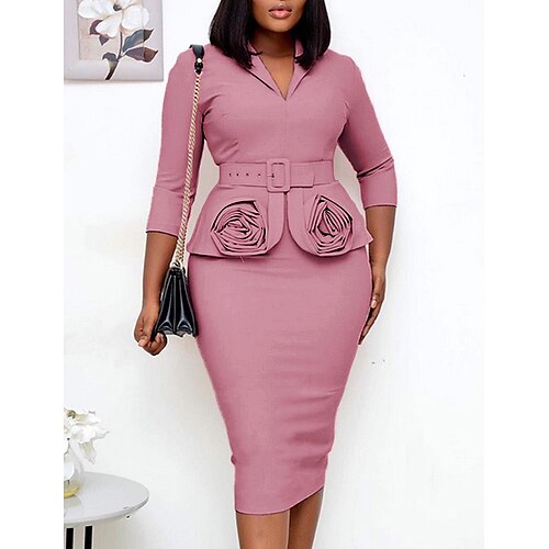 

Women's Work Dress Sheath Dress Knee Length Dress Black Pink Light Blue 3/4 Length Sleeve Pure Color Fall Winter V Neck Work Hot 2022 S M L XL XXL 3XL