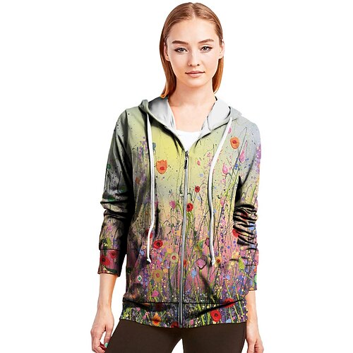 

Women's Zip Hoodie Sweatshirt Pullover Outerwear Basic Streetwear Zipper Front Pocket Print Rainbow Floral Casual Standing Collar Long Sleeve S M L XL XXL / 3D Print
