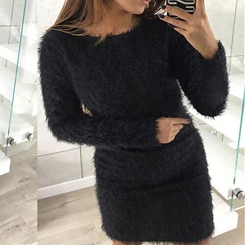 

Women's Sweater Dress Winter Dress Light Blue Weight S-180G 3XL-220G Black Pink Light Green Dark Gray Red Brown Apricot Grey Long Sleeve Pure Color Winter Fall Crew Neck Casual Sexy S M L
