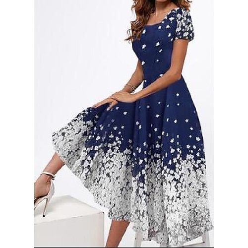 

Per donna Abito casual Vestito svasato vestito a flori Vestito maxi Blu marino Manica corta Floreale Stampa Primavera Estate Squadrata Elegante Feste 2023 S M L XL XXL