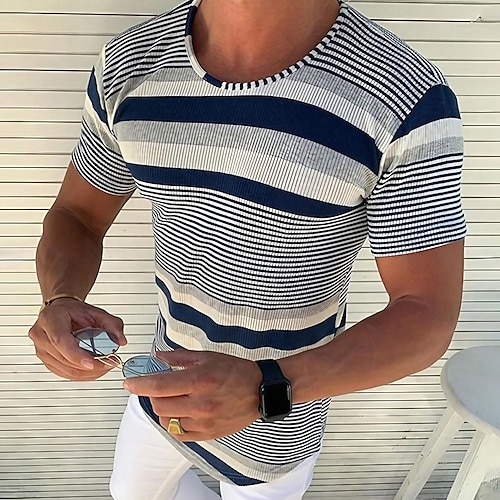 

Men's T shirt Tee Striped Patchwork Crew Neck Holiday Vacation Short Sleeve Clothing Apparel Knit Sports Casual Esencial