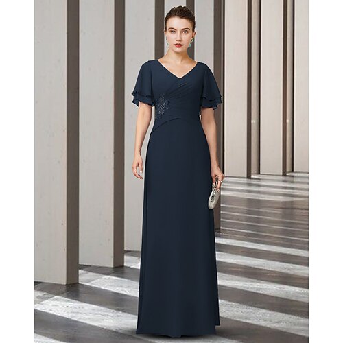 

Sheath / Column Mother of the Bride Dress Elegant V Neck Floor Length Chiffon Short Sleeve with Ruched Appliques 2022