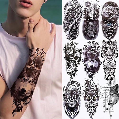 

7 pcs Large Wolf Tiger Owl Tattoo Sticker Evil Death Skull Devil Black Temporary Tattoo For Men Women Fake Tribal Totem Tatto